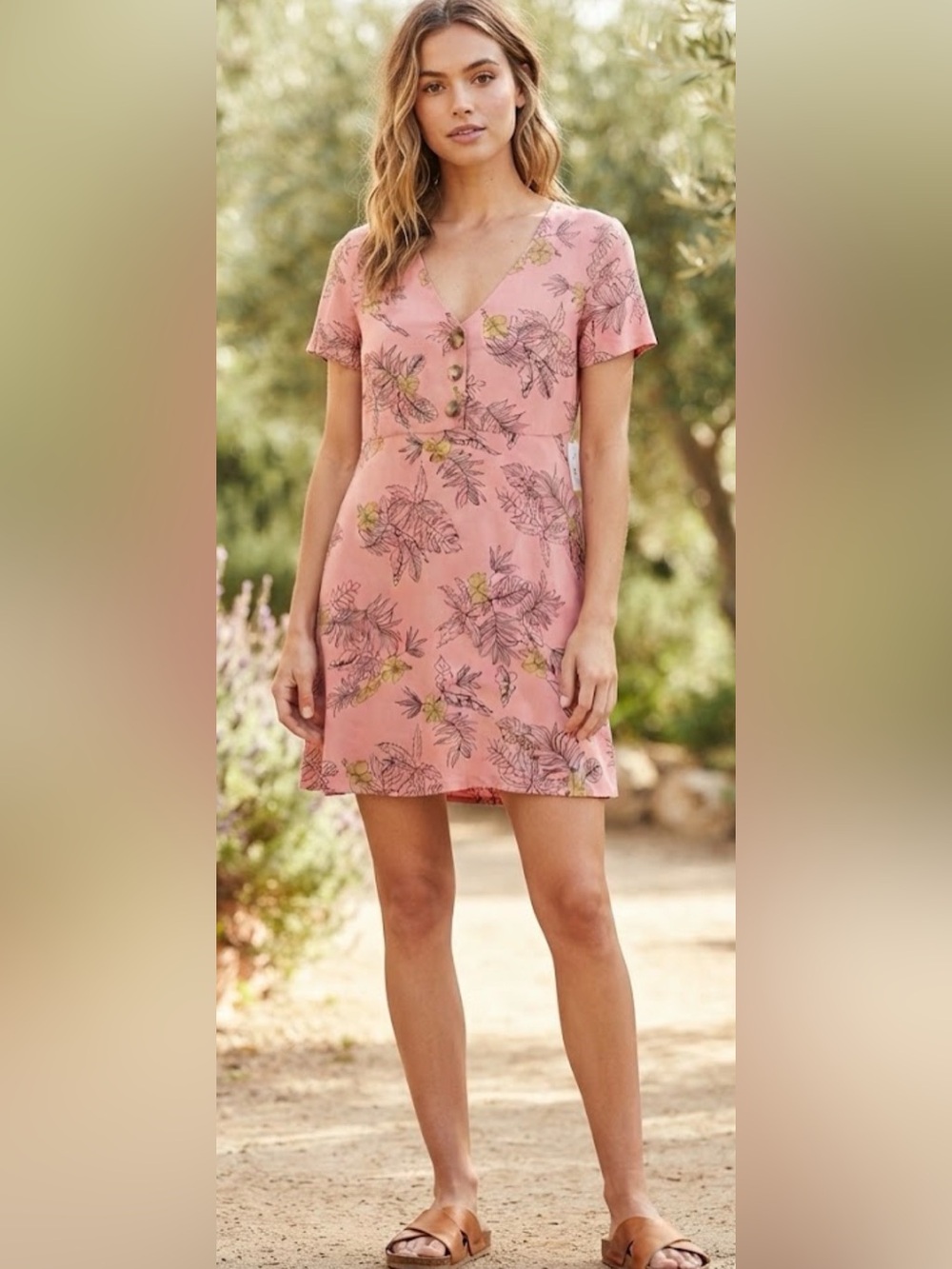 RVCA Pink Floral V‑Neck Button Mini Dress